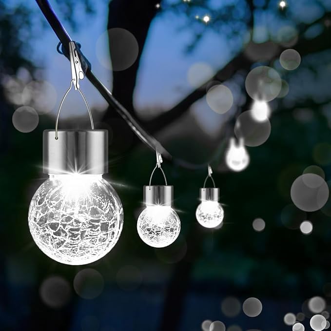 Solar Lights Outdoor Hanging Decorative Globe 8 Pack, Waterproof Solar Lantern with Handle and Clip, Solar Powered Glass Ball Lights for Garden Yard Fence Tree Umbrella Holiday Décor, Cold White