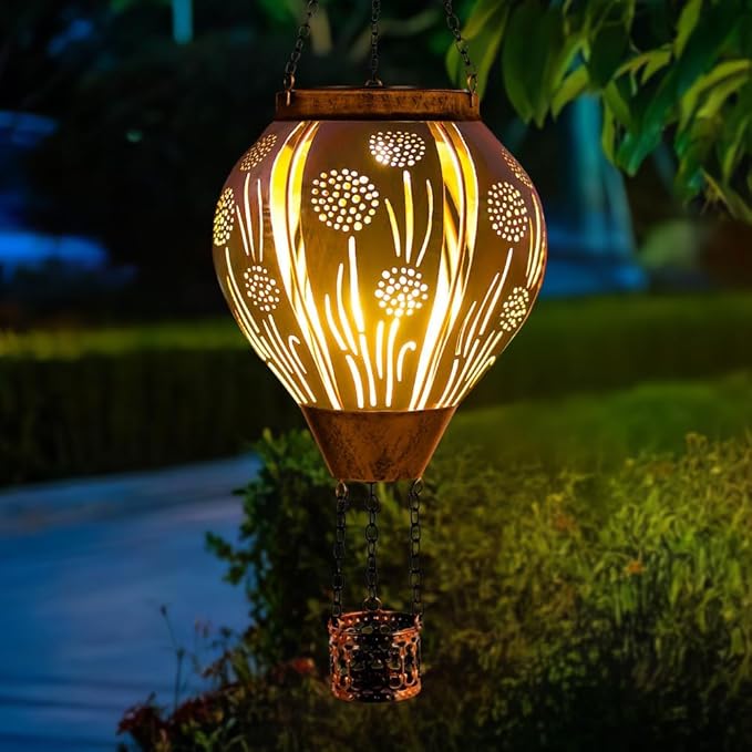 Hot Air Balloon Solar Lantern, Dandelion Hollow Out Solar Powered Hot Air Balloon Lantern Outdoor Waterproof, Copper Hanging Hots Airs Balloons Solars Light for Outdoor Patio Garden Decor