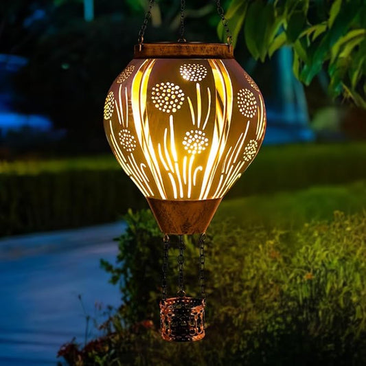 Hot Air Balloon Solar Lantern, Dandelion Hollow Out Solar Powered Hot Air Balloon Lantern Outdoor Waterproof, Copper Hanging Hots Airs Balloons Solars Light for Outdoor Patio Garden Decor