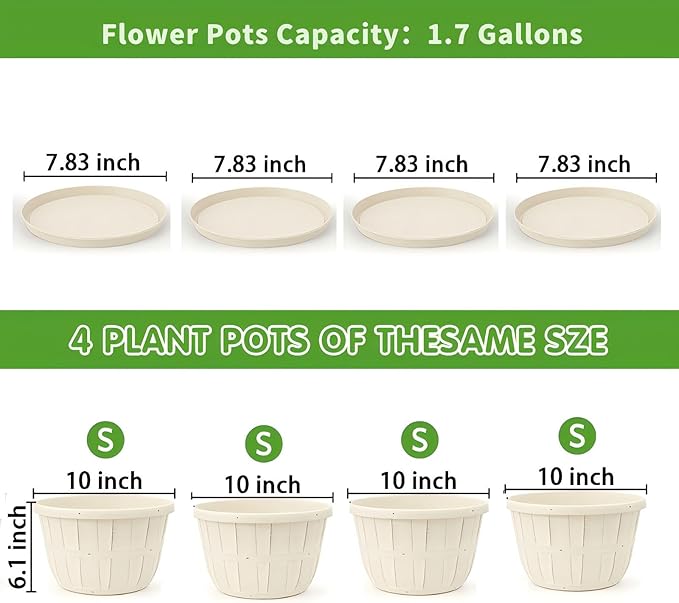 Quarut 10 inch Plastic Flower Pots for Indoor Plants，4 Pack Large Outdoor Planter Pot with Drainage Holes & Saucers，Imitation Wine Barrel Design，for Indoor Outdoor Garden Plants（Beige）