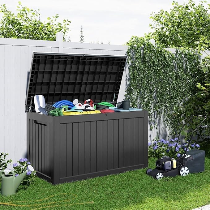 230 Gallon Resin Deck Box, Lockable Patio Outdoor Storage Box for Furniture, Garden Tools and Tools Storage, Waterproof Outside Storage Boxes - Black