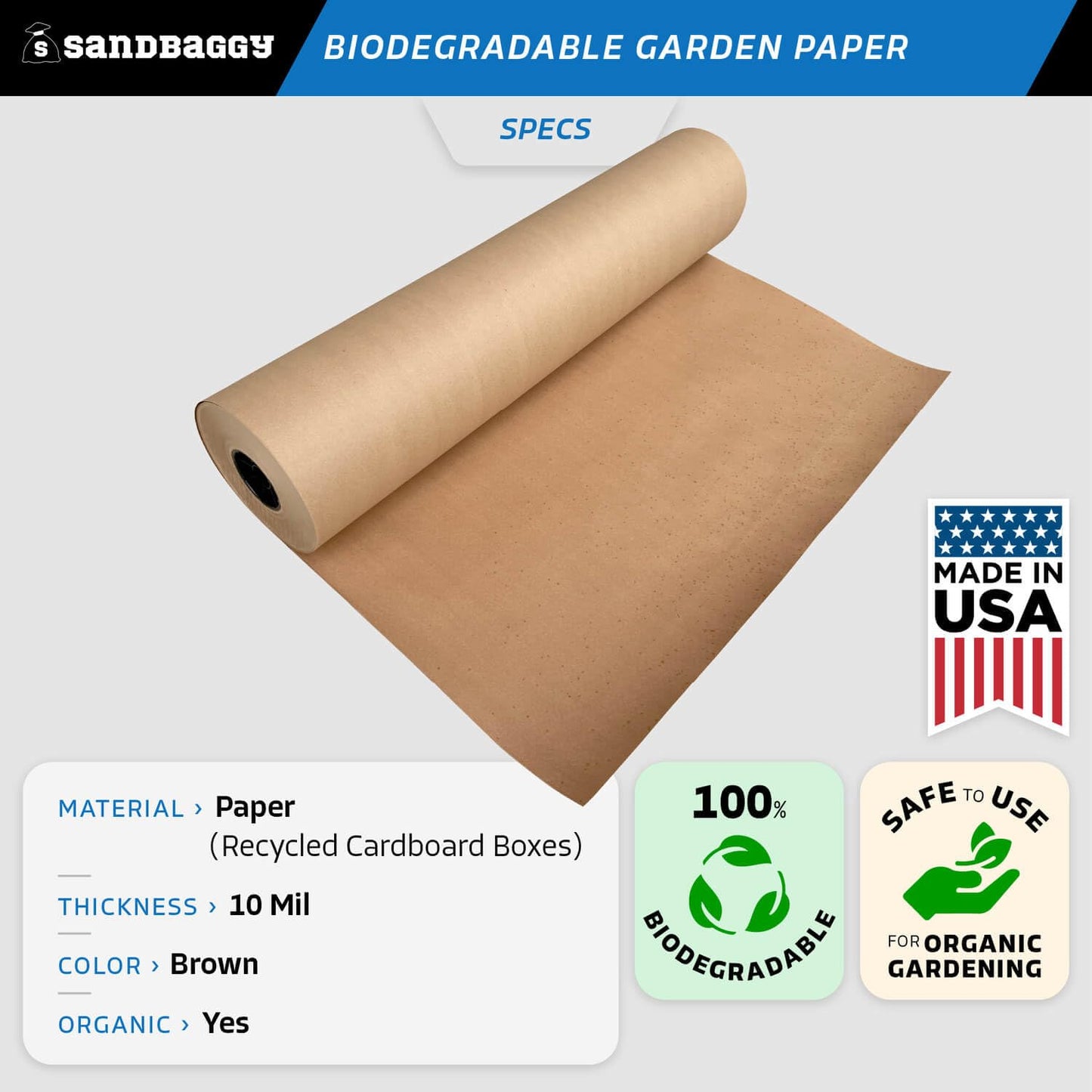 Sandbaggy Biodegradable Landscape Fabric - Garden Paper for Weeds - Paper Mulch Rolls - Made in America (2 ft x 475 ft, 10)