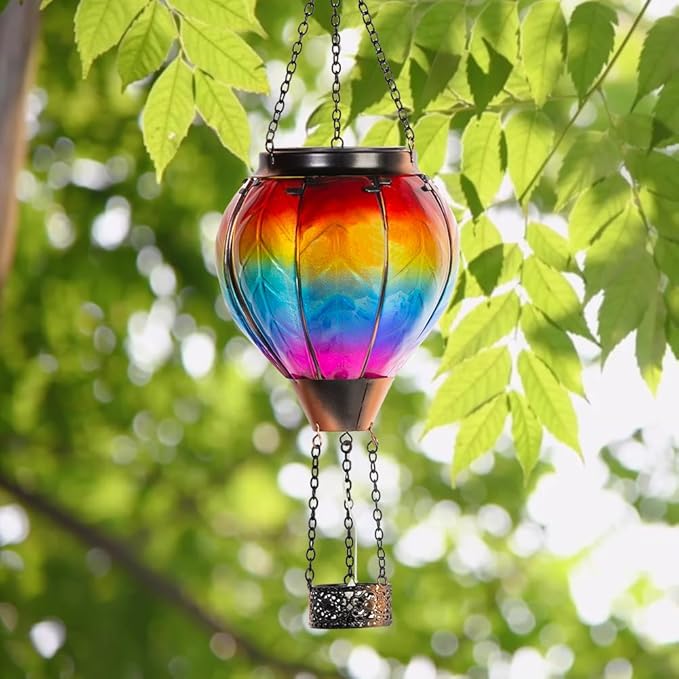 Starsoul 2 PC Rainbow Hot Air Balloon Solar Lantern with Flame Glass Outdoor Hanging Hot Air Balloon Solar Light Waterproof Garden Patio Yard Party Decorations