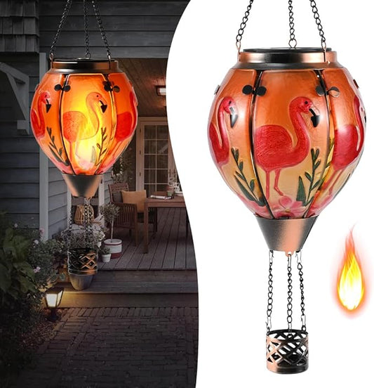 Hot Air Balloon Solar Lantern - Flamingo Bird Stained Glass Lantern with Simulated Flickering Flame, Outdoor Hanging Yard Light Waterproof IP65 & Weather Resistant for Patio Lawn Porch Decor Gfit