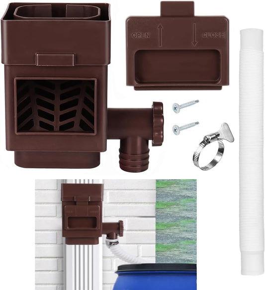 Rain Barrel Diverter Kit, Downspout Diverter Fits for 2x3 or 3x4 Inch Gutter Downspouts, Rainwater Collection System with Adjustable Valve and Filter - Brown