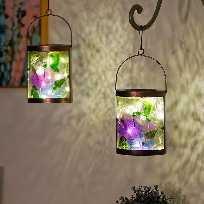 Starsoul 2 Pack Hanging Solar Lantern Outdoor Waterproof Glass Hummingbird Decorative Solar Lights for Outside Garden Yard Table Patio Decor