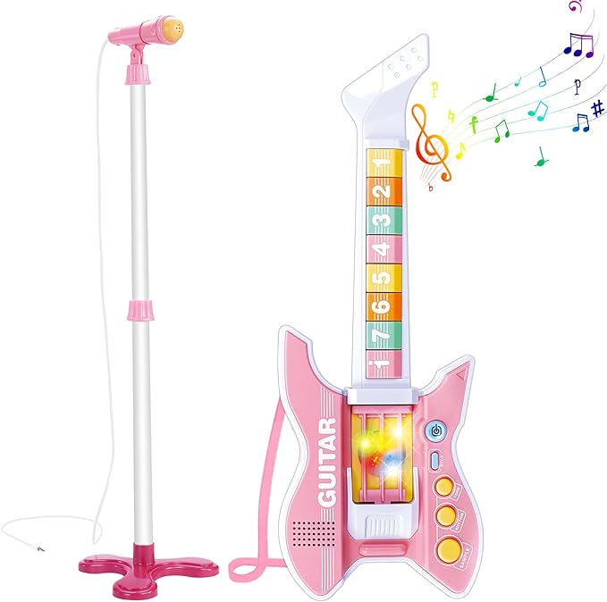 deAO Kids Guitar and Microphone Set with Stand Adjustable Height Music Light Karaoke Music Toys Christmas Birthday Gift for Kids Boys Girls (Pink)