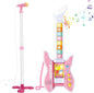 deAO Kids Guitar and Microphone Set with Stand Adjustable Height Music Light Karaoke Music Toys Christmas Birthday Gift for Kids Boys Girls (Pink)