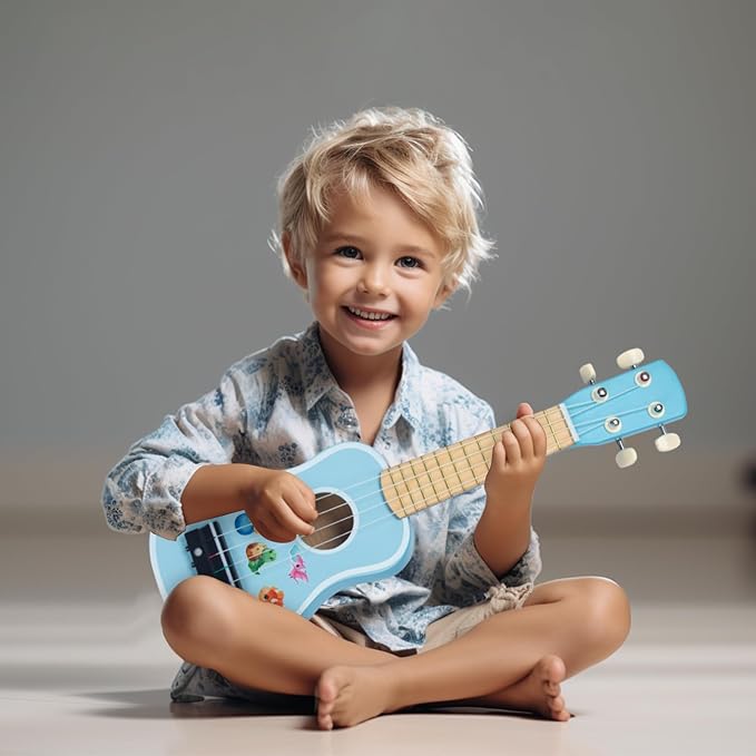 Kids Guitar for Girls, Wooden Musical Instruments Toys with Ukulele, Tambourine, Maracas, Harmonica, Mini Band Sets for Toddlers 2 3 Years Old Birthday Gift (Blue for Boys)