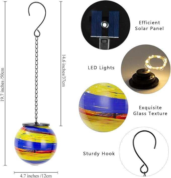 Colorful Hanging Solar Lanterns Outdoor Waterproof 4.7" Glass Solar Golbe Lights with Metal Chain,Gazing Ball Garden Decorative Lanterns for Patio Pathway Porch Yard Decor