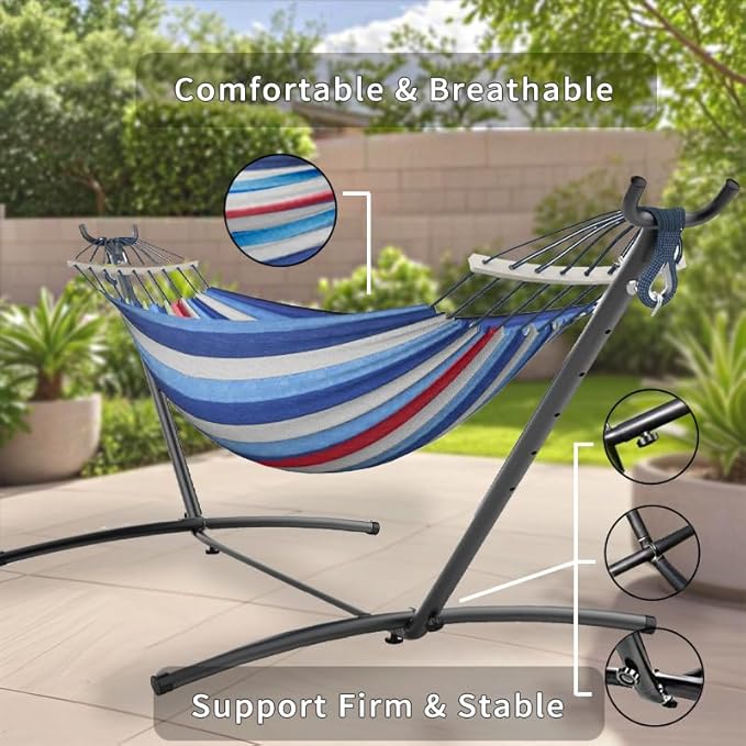 Double Hammock, Heavy Duty Portable, 500 lb Weight Capacity, Perfect for Both Indoors and Outdoors, 2 Person Hammock with Carrying Bag, Fine Blue