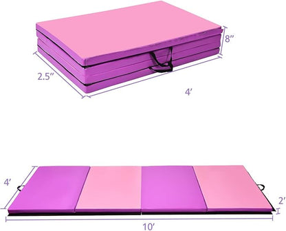 Giantex 4'x10'x 2" Gymnastics Mat, 4-Panel Folding Aerobics Exercise Mat w/Hook & Loop Fastener, Carrying Handle, Portable Tumbling Mat for Stretching Yoga Cheerleading Martial Arts