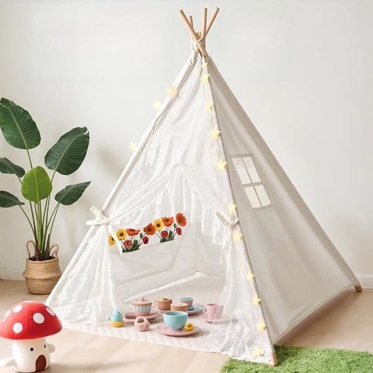 Kids Teepee Tent with Starry Lights, Ground Mat and Pockets, Teepee Tent for Kids Indoor & Outdoor Use, Foldable Play Tents for Boys & Girls, Washable Toddler Playhouse for Birthdays & Holidays