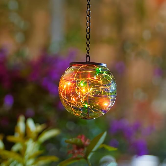 Color Changing Hanging Solar Lanterns Outdoor Waterproof LED Glass Solar Globe Light with S Hooks,Gazing Ball Outdoor Decorative Lanterns for Patio,Pathway,Yard,Garden Decor Gift for Women