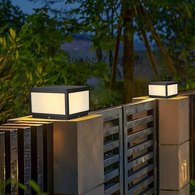Pillar Lamp Post Light, Tempered Glass Shade，Fence Deck Cap Light Lantern Column Lamp for Flat Surface Patio Garden Decoration with IP55 Waterproof E26 LED Bulb (Electric Powered)