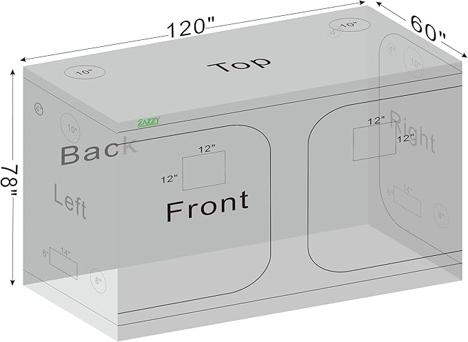 zazzy Grow Tent, 120"x60"x78" Hydroponic Mylar Grow Tent Reflective Garden Growing Dark Room with Observation Window, Removable Floor Tray and Tool Bag for Indoor Plant Growing 10x5