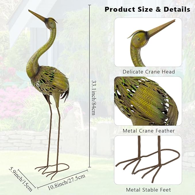 VEWOGARDEN Heron Outdoor Statues Metal Crane Garden Sculptures & Statues for Yard Lawn Patio Pool Outside Decorations, Green