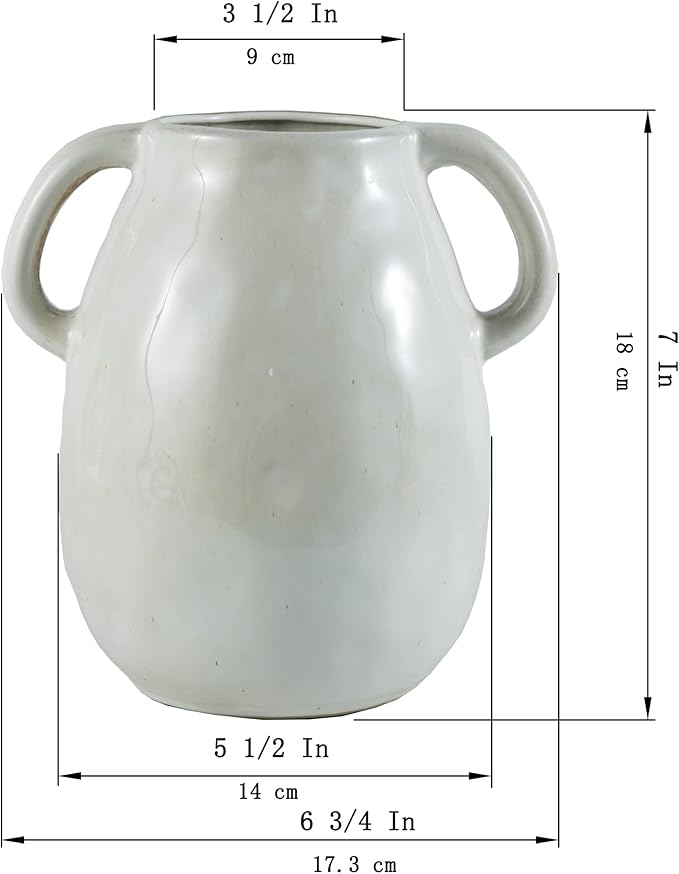 White Ceramic Vase with 2 Handles, Modern Farmhouse Decor, Rustic Terracotta Pottery, Decorative Flower Vases, Clay Small Vase, Centerpiece for Dining Table - 7 Inch Tall