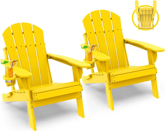 GREENVINES Folding-Adirondack-Chairs-Set-of-2 | HDPE Plastic | Fire Pit Chair | All Weather | Cup Holder | Yellow | for Deck Backyard Patio Outdoor Garden