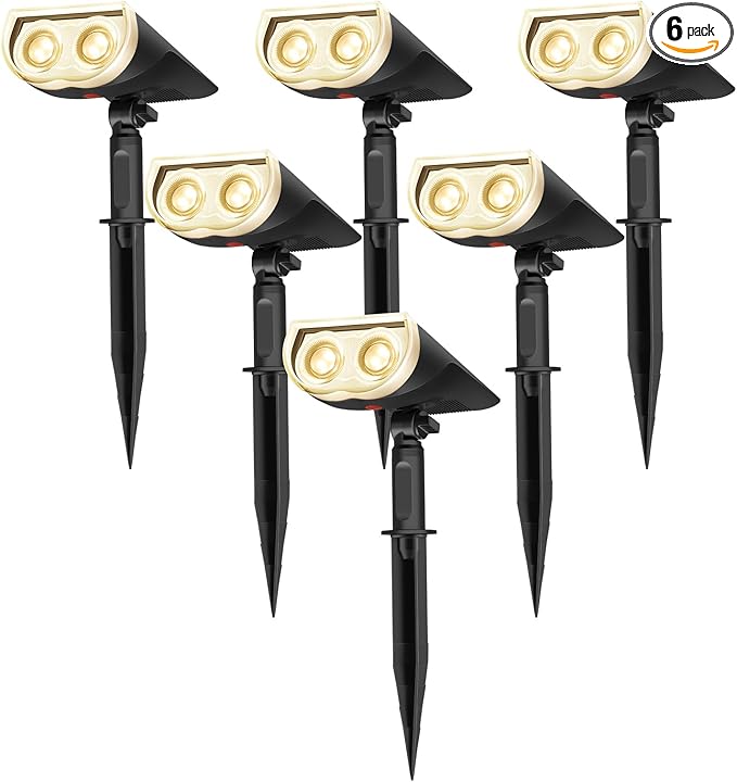 Linkind StarRayS Solar Lights Outdoor, 350LM Solar Spot Lights Outdoor, IP67 Waterproof Solar Lights for Garden, Yard, Landscape and Walkway, Warm White, 6 Pack