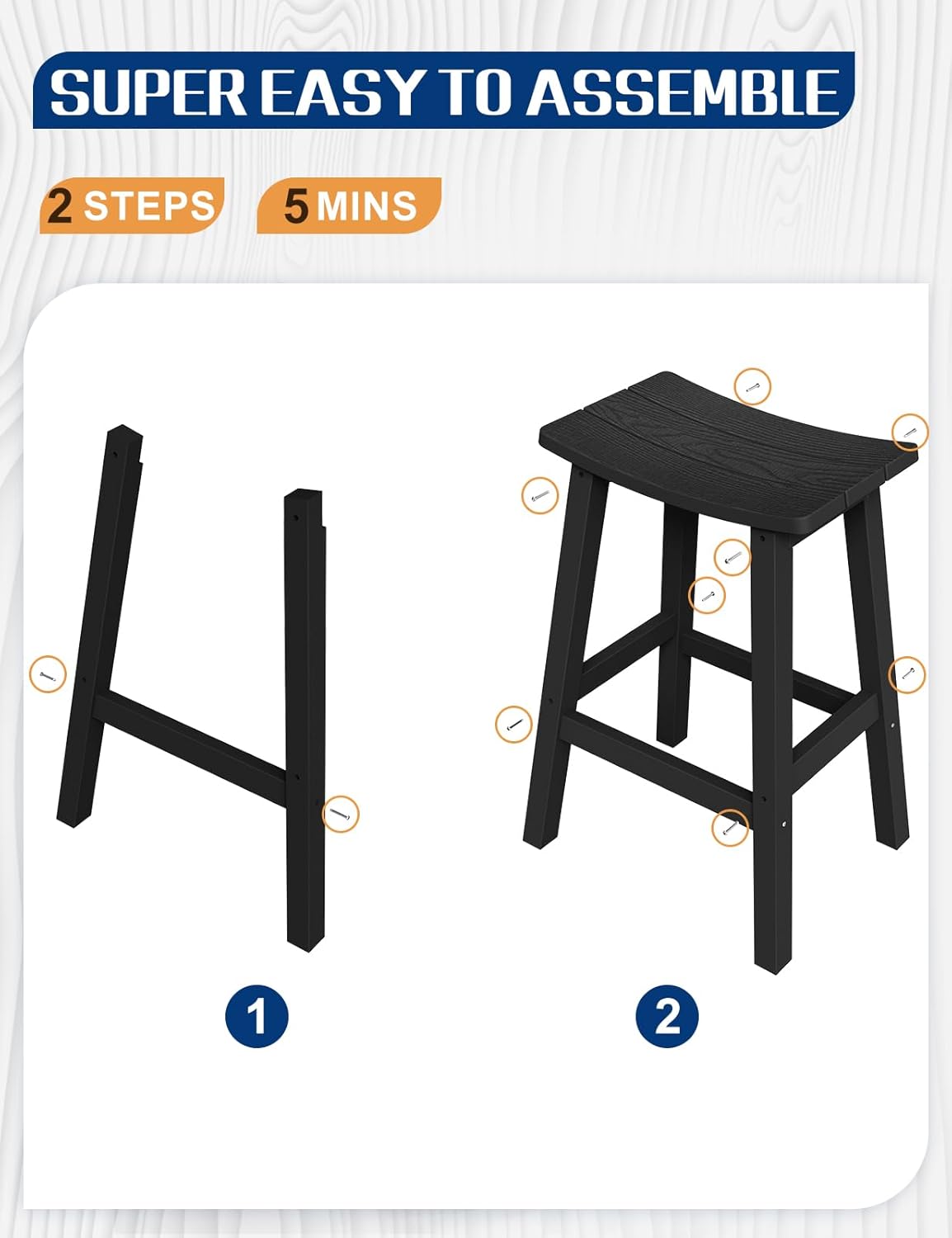 Weatherproof Bar Stools Set of 2, 28" Height Outdoor Bar Stools Holds up to 400 lbs, Saddle Seat, Bar Height Stools for Patio, Garden, and Kitchen Island, Black