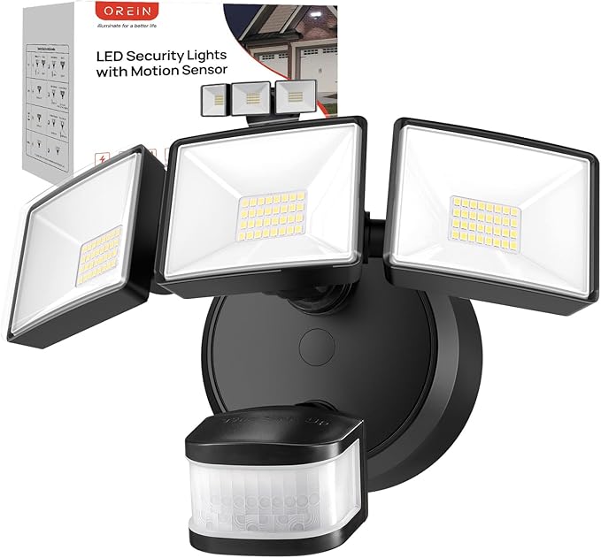 OREiN 6500LM/42W Flood Lights Outdoor, 180°/75FT Motion Sensor Outdoor Lights 4 Modes Dimmable Dusk to Dawn Floodlights IP65 Waterproof for 6000SQ.FT Area for Big Patio, Driveway, Black (Hardwired)