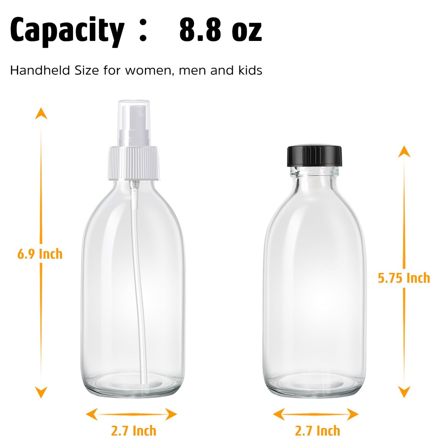 Tecohouse 2 Pack Glass Spray Bottles, 250ml Small Glass Bottles for Cleaning Solutions, Spray Bottles for Essential Oils, Plants, with Durable Nozzle, Labels, Funnel - Clear