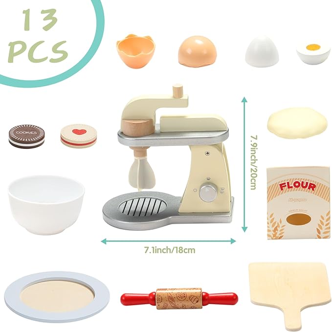 Giant bean Wooden Toy Mixer, Kids Play Kitchen Accessories, Pretend Play Toy Blender for Boys Girls Ages 3+