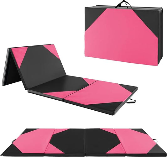 Giantex 4'x10'x 2" Gymnastics Mat, 4-Panel Folding Aerobics Exercise Mat w/Hook & Loop Fastener, Carrying Handle, Portable Tumbling Mat for Stretching Yoga Cheerleading Martial Arts