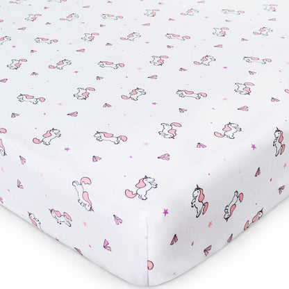 Girl Crib Sheets 4-Pack, Fitted Sheets 52'' x 28'' for Standard & Toddler Mattress, Soft Breathable Material, Neutral & Pink