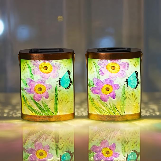 Starsoul 2 Pack Hanging Solar Lantern Outdoor Waterproof Glass Butterfly and Flowers Decorative Solar Lights for Outside Garden Yard Table Patio Decor