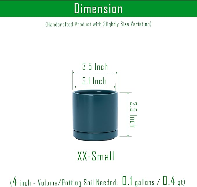 D'vine Dev Set of 4 Small Ceramic Plant Pots, 3.5 Inch Succulent Planter Pot for Plants with Drainage Hole and Saucer, Teal, 94-X-A-9