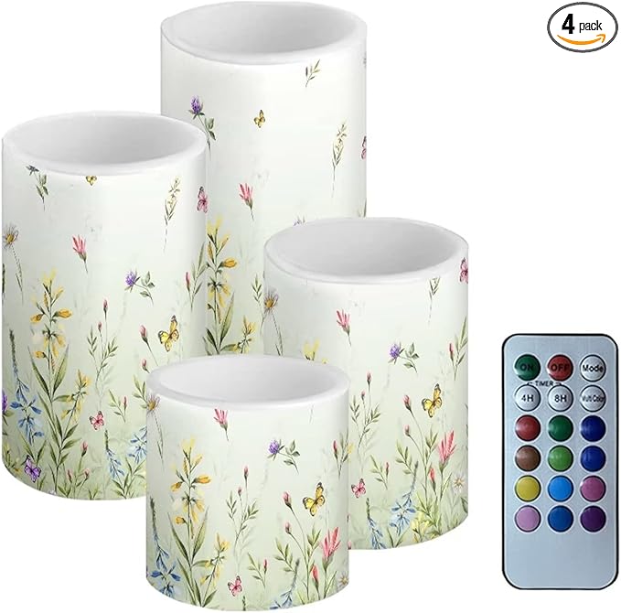 LED Flickering Candles Battery Operated Candles Set of 4 with Remote Control Timer Dancing Flame Pillar Candles Home Table Decoration, Floral Green