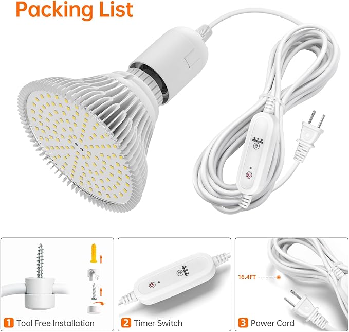 Hanging Grow Lights for Indoor Plants, 25W Full Spectrum, White Plant Light Bulb with Timer, 16.4FT Power Cord, 5000K, Pendant or Ceiling Installation, Perfect for Tall Plants, and Plant Shelf
