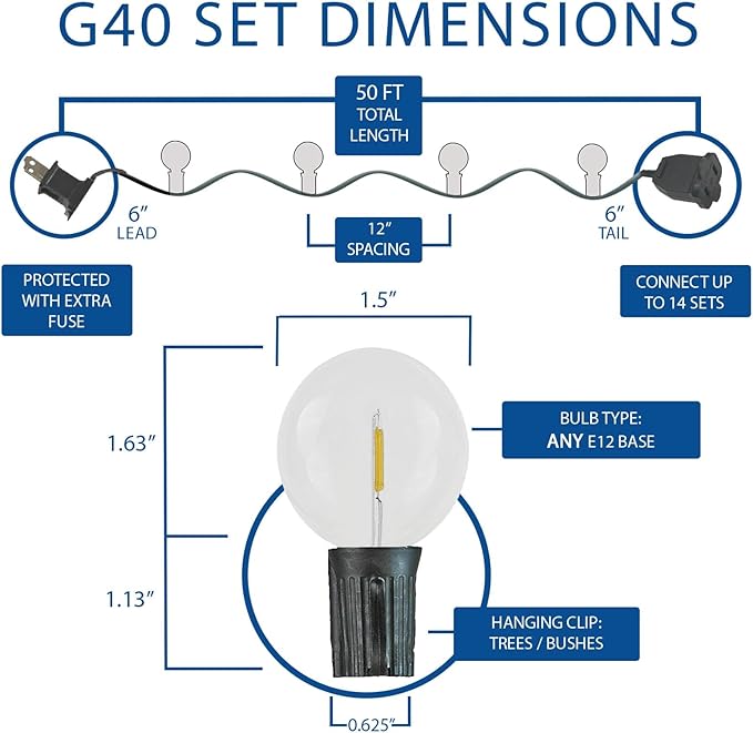 Novelty Lights 50 Feet G40 LED Patio String Lights with 50 Bulbs, Warm White, Weather Resistant and Shatterproof Replaceable Plastic Globe Bulbs, Brown Wire