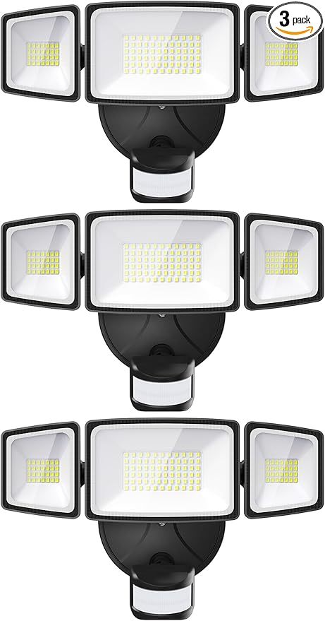 Onforu 3 Pack 65W LED Motion Sensor Outdoor Lights, Security Light Motion Outdoor Flood Light Fixture Detection Detector, 3 Adjustable Heads 6500LM 6500K IP65 Waterproof Exterior Garage Yard (Black)