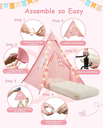 6 Pack Teepee Tent for Kids with Inflatable Airbed, Light, Toddler Tent Children Room Tents, Slumber Party Sleepover Tents, Indoor Outdoor Kids Playtent Playhouse for Girls & Boys