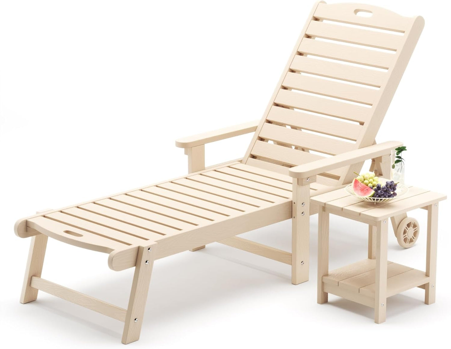 LUE BONA Chaise Lounge Chair with Table, 2-Piece, 79'' Oversized HDPS Chaise Lounger, 5 Positions Adjustable Lounge Chairs, Pool Lounge Chair with Wheels for Poolside, Backyard, 3 Year Warranty, Sand