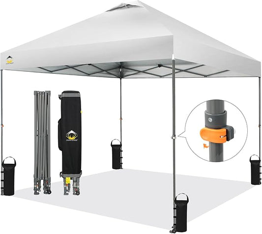 CROWN SHADES Adjustable Height on The Fly, 10x10 Pop Up Canopy - Beach Tent with One Push Setup - Easy Outdoor Sun Shade for Events, Parties, Camping - Outside Shade with STO-N-Go Bag, White
