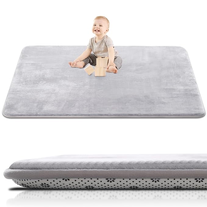 Thick Baby Play Mat for Floor,Padded Foam 59x39 Nursery Rug,Ultra Soft Support&Plush Feel Tummy Time Mat,Non Slip for Toddler,Infants,Kids Play,Yoga,Baby Crawling (Light Grey)