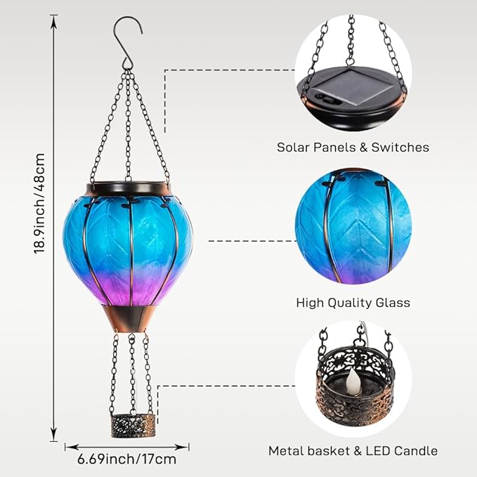 Starsoul 2 PC Blue Hot Air Balloon Solar Lantern with Flame Glass Hanging Outdoor Hot Air Balloon Solar Light Waterproof Garden Patio Yard Party Decorations
