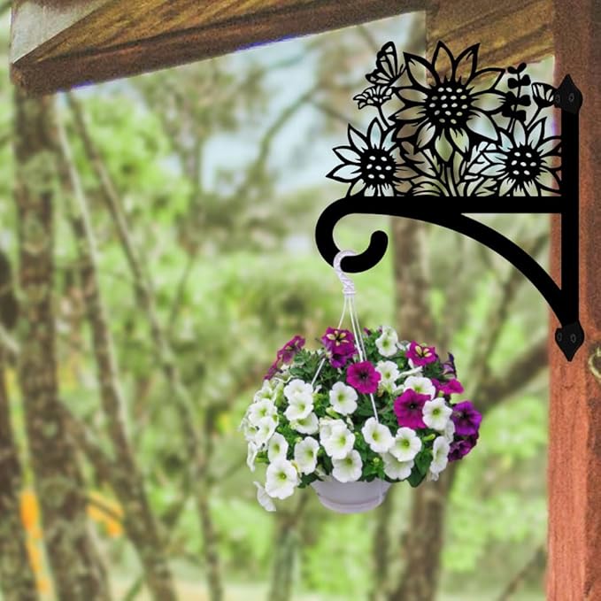 Peacoblue Iron Plant Hangers Hooks for Outdoor Indoor Hanging Plants Flower Fern Pots Lantern Bird Feeder Wind Chimes, 12"x15" Weather Resistant Metal Wall Holder for Porch Garden Farmhouse(Sunflower)