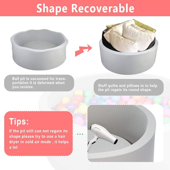 TRENDBOX Foam Ball Pit, 36" x 12" Indoor Outdoor Soft Round Ball Pool Playpen Ideal Gift Toy for Babies Kids and Toddler Children (No Balls) - Light Gray