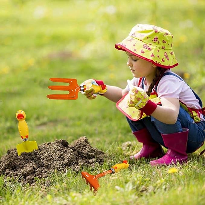 Kids Gardening Set Yellow Duck Handle, 6 Pieces (Organe+ Yellow), Kids Garden Tool Set Kids Beach Shovel Sandbox Play Toy Garden Hand Tool