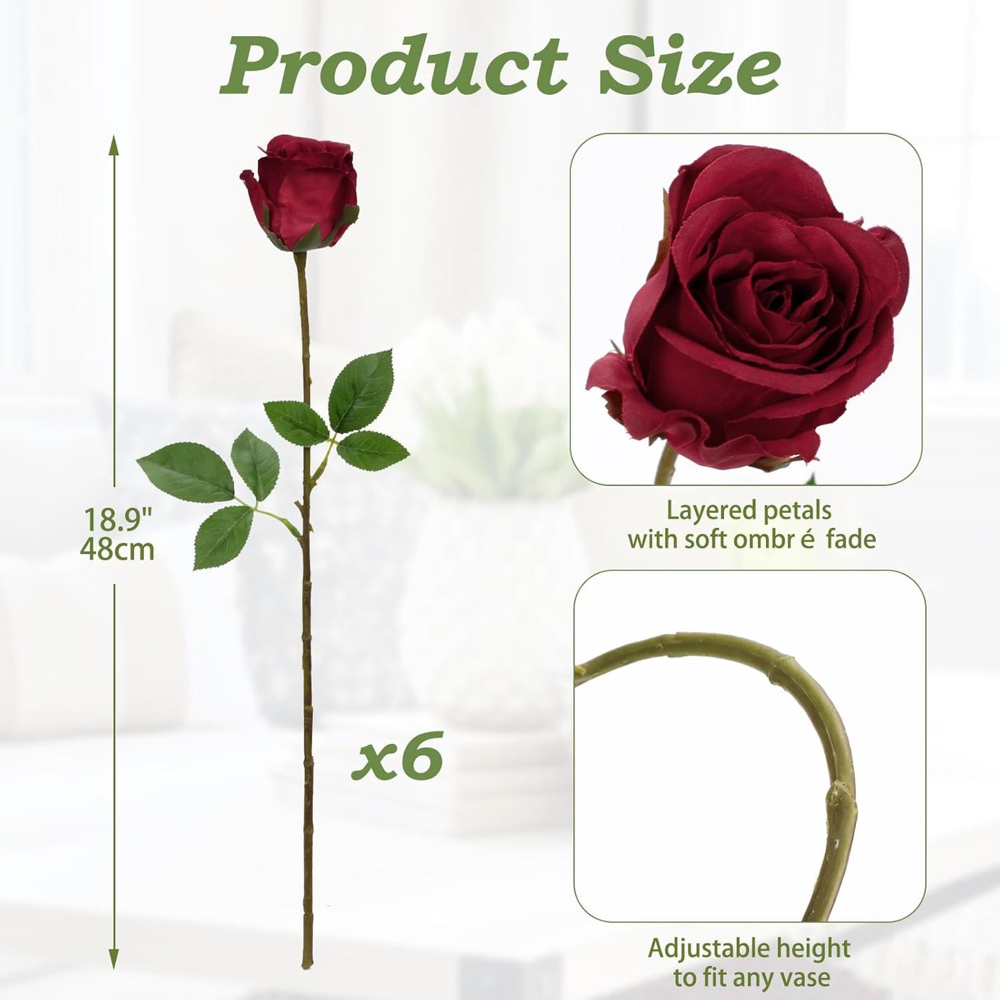 Briful Roses Artificial Flowers– 6PCS 18.9" Burgundy Rose Silk Flowers with Long Stems Realistic Fake Rose Bouquet for DIY Wedding Arrangements Table Vase Centerpieces Home Event Decor