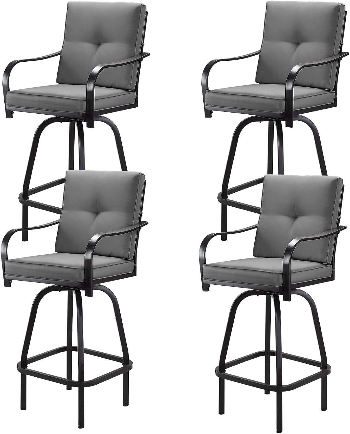 Patio Swivel Bar Stools Set of 4, Outdoor Bar Height Patio Swivel Chairs with Cushion for Garden Balcony Backyard (Grey)