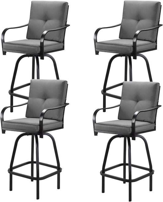 Patio Swivel Bar Stools Set of 4, Outdoor Bar Height Patio Swivel Chairs with Cushion for Garden Balcony Backyard (Grey)