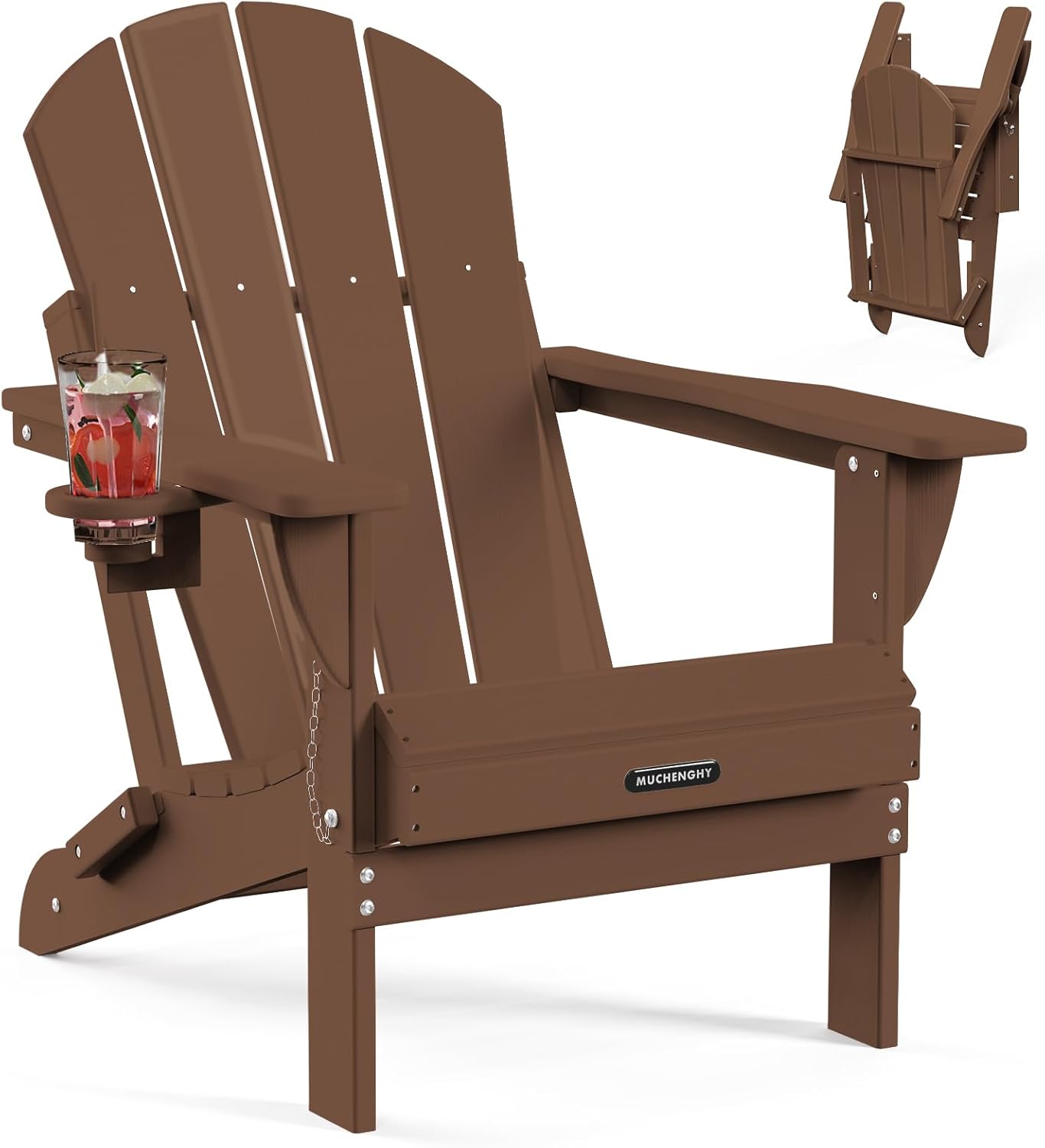 MUCHENGHY Folding Adirondack Chairs, Patio Chairs, Lawn Chairs, Outdoor Chair, Adirondack Chair Plastic, Fire Pit, Weather Resistant with Cup Holder for Deck, Backyard, Garden(Brown)