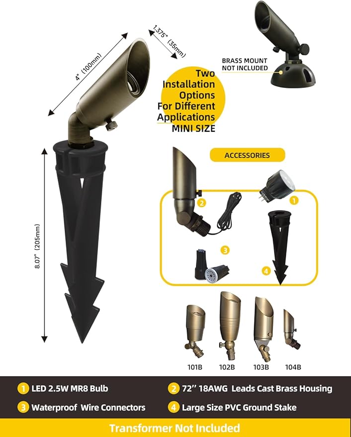 COLOER Mini Size Die-cast Brass Landscape SpotLights Outdoor, 12Volt AC/DC Low Voltage Landscape Lights Fixture,IP65 Waterproof Trees Directional Spot Up Light(104B, Bronze, 10-Pack with Bulb)