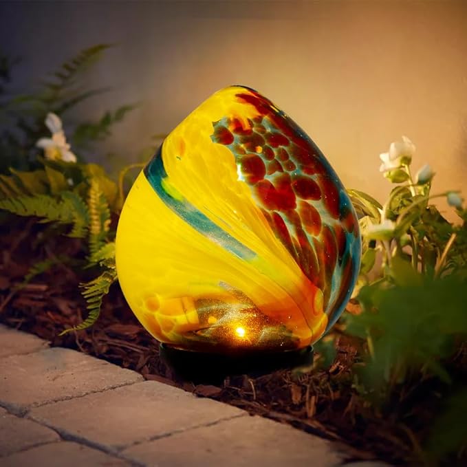 Table Solar Lantern Outdoor Waterproof LED 6.7" Glass Solar Garden Lights Table Solar Lamp for Indoor Patio Porch Yard Decor Gardening Gifts for Women(Red Yellow)